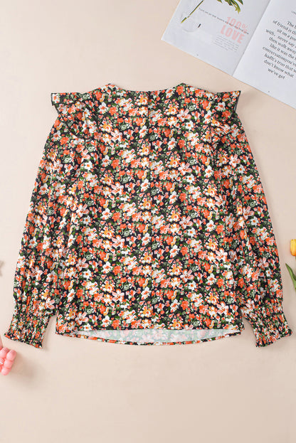 Orange Ruffle Trim Shirred Cuffs Floral Blouse