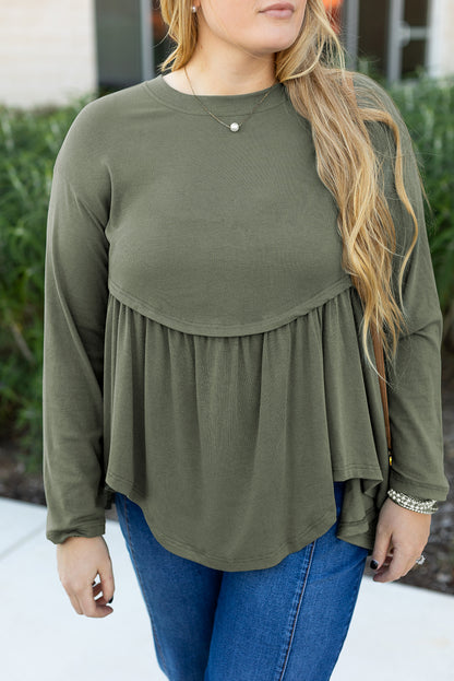 Mist Green Plus Size Thermal Knitted Babydoll Flare Top