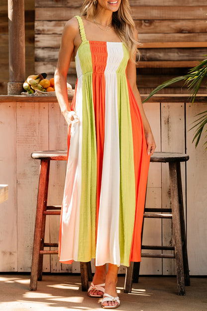 Green Color Block Shirred High Waist Fit and Flare Maxi Dress