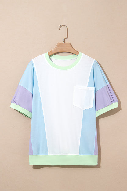 White Color Block Patchwork Half Sleeve Oversized T Shirt