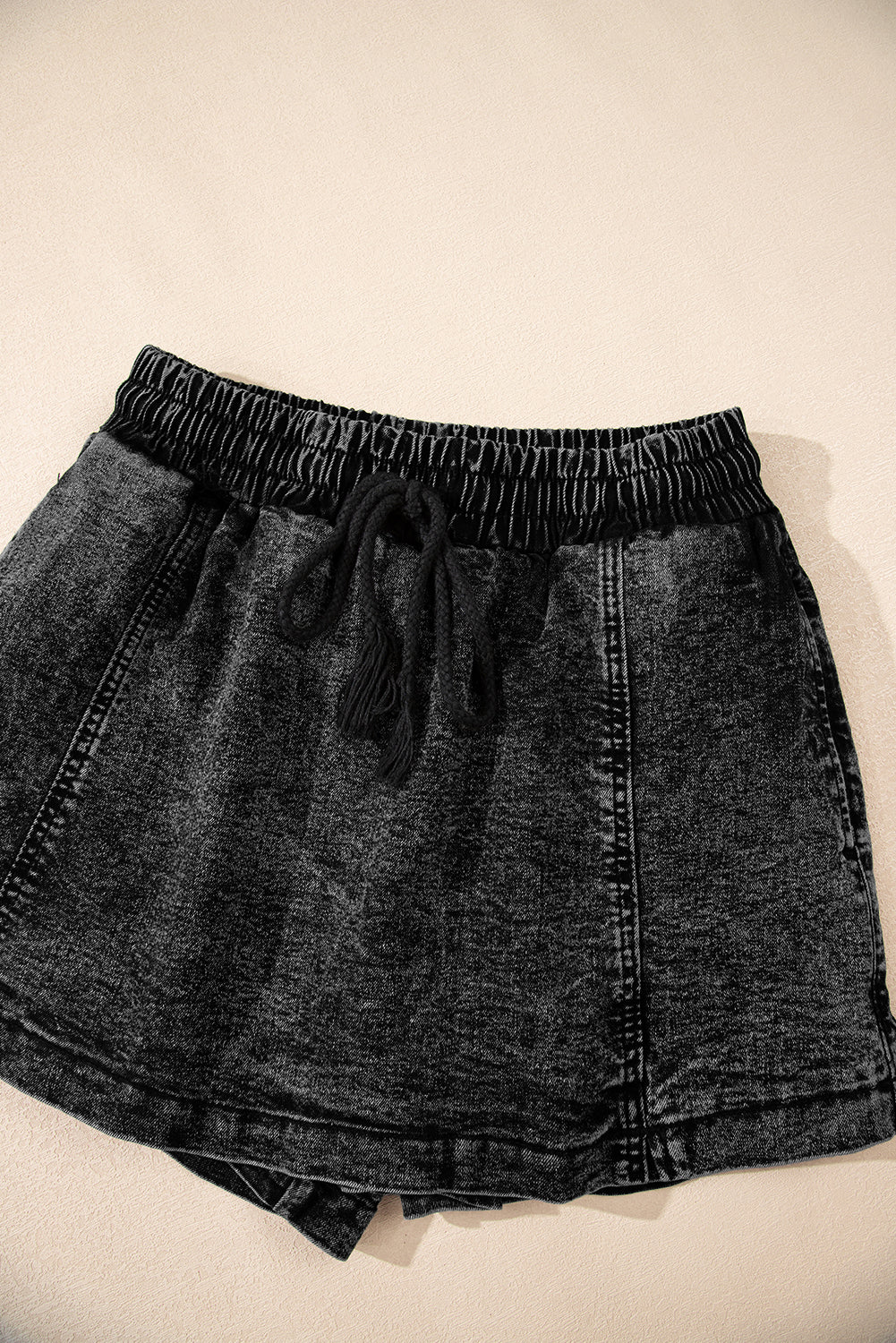 Black Drawstring High Waist Pocketed Denim Shorts