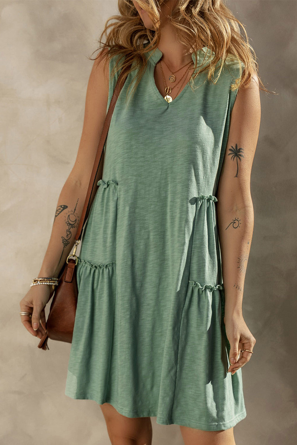 Moonlight Jade Split V Neck Tiered Flowy Sleeveless Dress