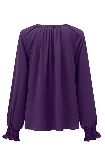 Purple Pleated V Neck Puffy Sleeve Blouse