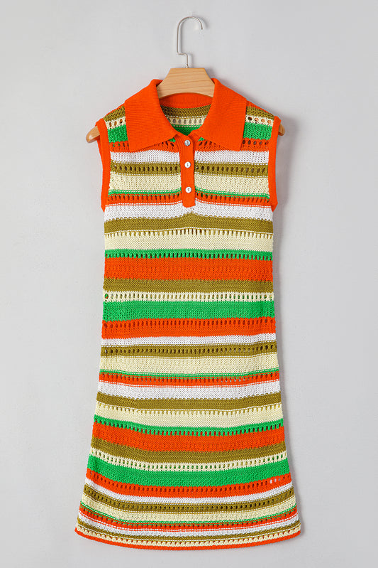 Yellow Stripe Eyelet Sleeveless Buttoned Split Neck Sweater Dress