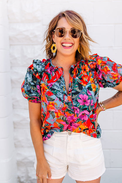 Multicolour Floral Print Ruffle Trim Bubble Sleeve Split Neck Blouse