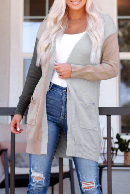 Gray Colorblock Pocketed Cardigan with Ribbed Trim