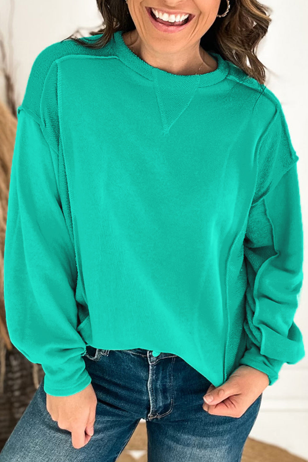 Mint Green Splicing Round Neck Pullover Sweatshirt