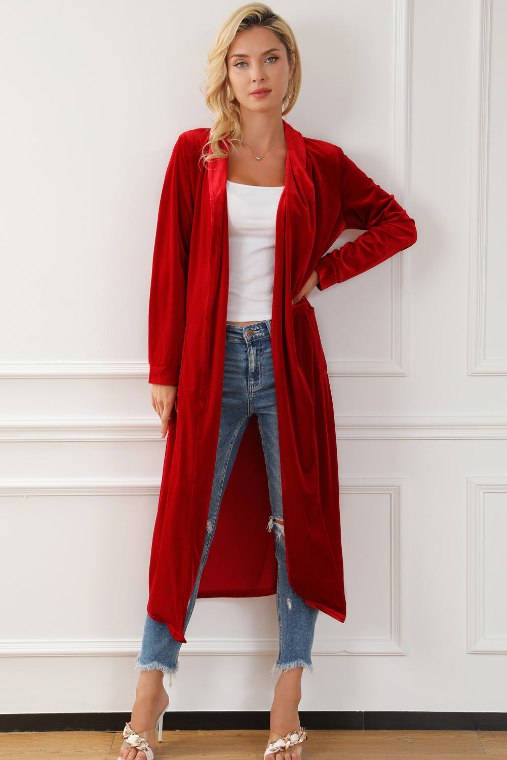 Fiery Red Velvet Open Front Pocketed Long Duster