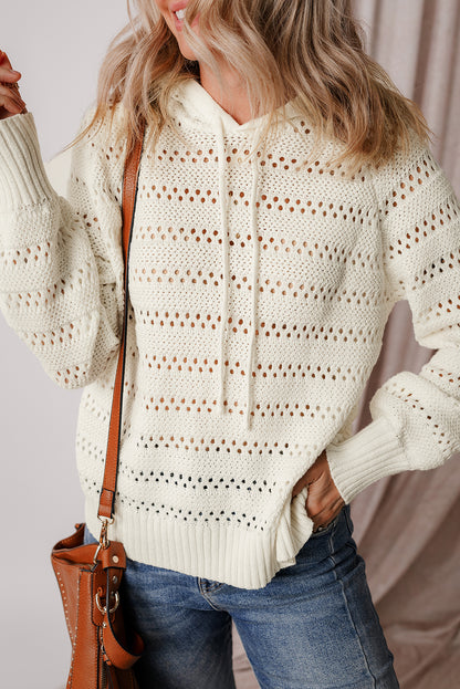 White Pointelle Knit Raglan Sleeve Hooded Sweater