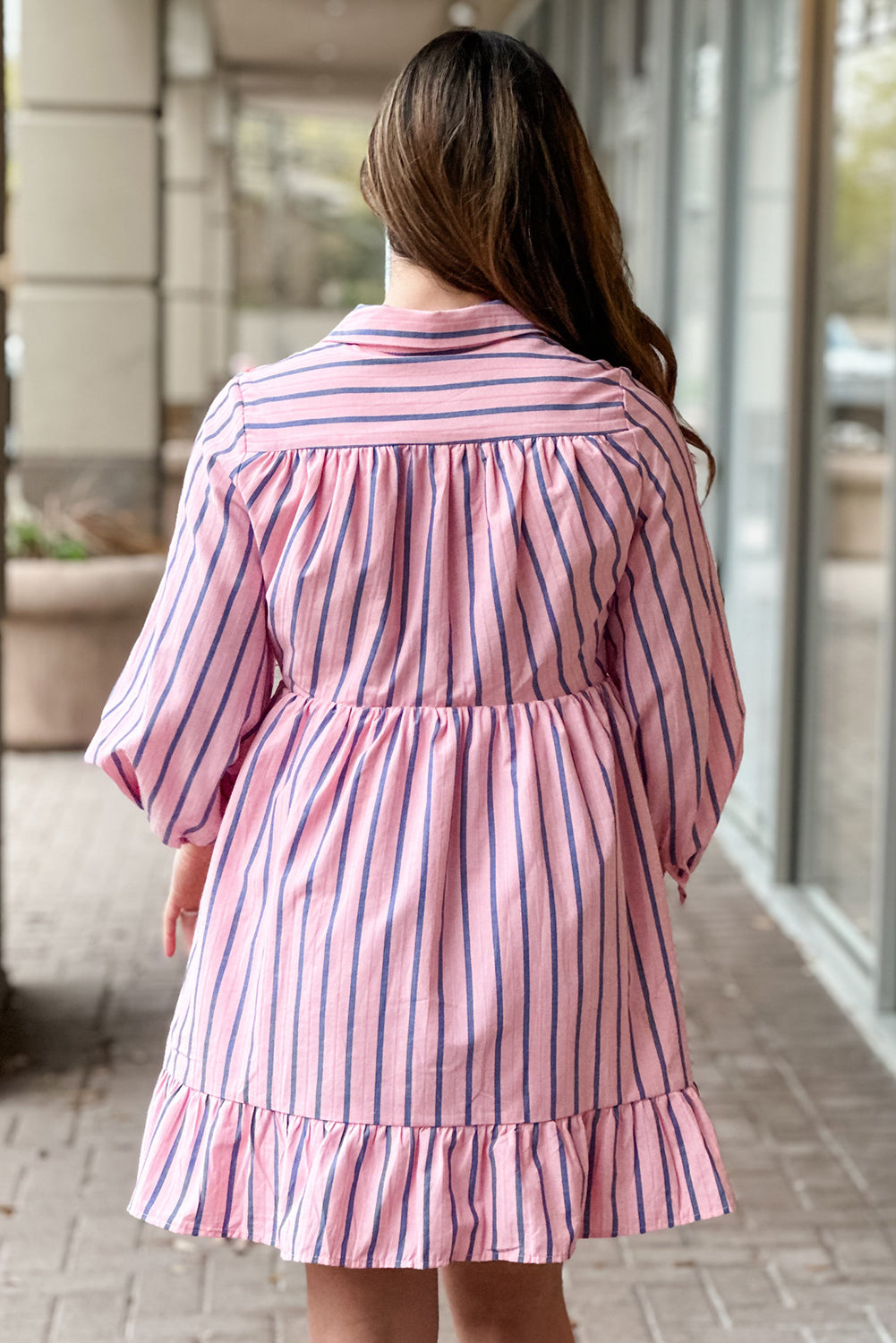 Pink Stripe Ruffled Hem Button-up Collared Shirt Mini Dress