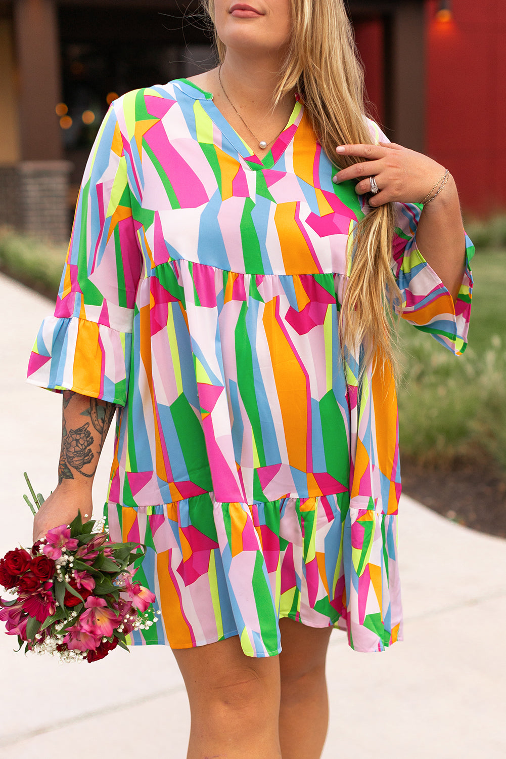 Multicolour Plus Size Vibrant Abstract Print Tiered Ruffled Mini Dress