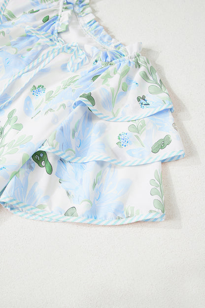 Sky Blue Floral Contrast Edge Layered Short Sleeve Mini Dress