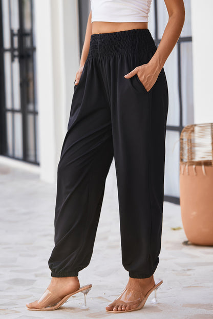 Black Smocked High Waist Joggers