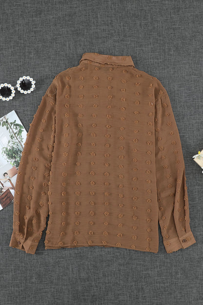 Brown Long Sleeve Button Fuzzy Polka Dot Shirt