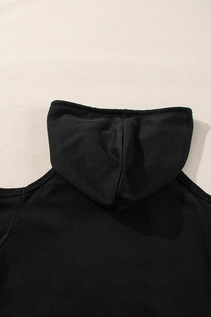 Black Exposed Seam Cold Shoulder Drawstring Hoodie