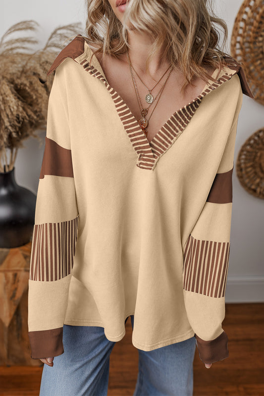 Light French Beige Striped Colorblock Patchwork Collar Sweatshirt