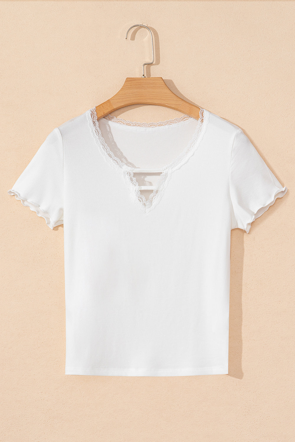 White Lace V Neckline Ribbed Slim Fit T Shirt