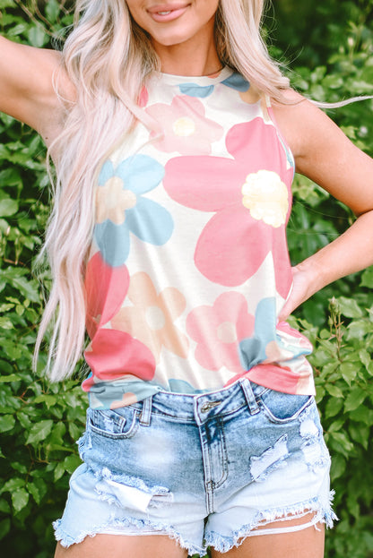 Pink Floral Print Round Neck Sleeveless Top