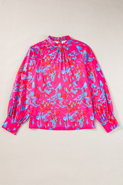 Purple Printed Bubble Sleeve Mock Neck Blouse