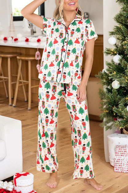 White Printed Christmas Pattern Buttoned Two Piece Sleepwear