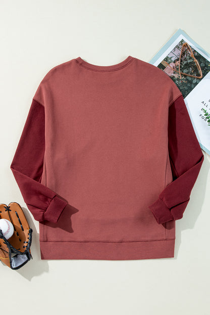 Mineral Red Two Tone Patchwork Drop Shoulder Pullover Sweatshirt