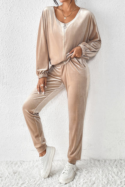 Parchment Velvet Zipped Top and Joggers Two Piece Set