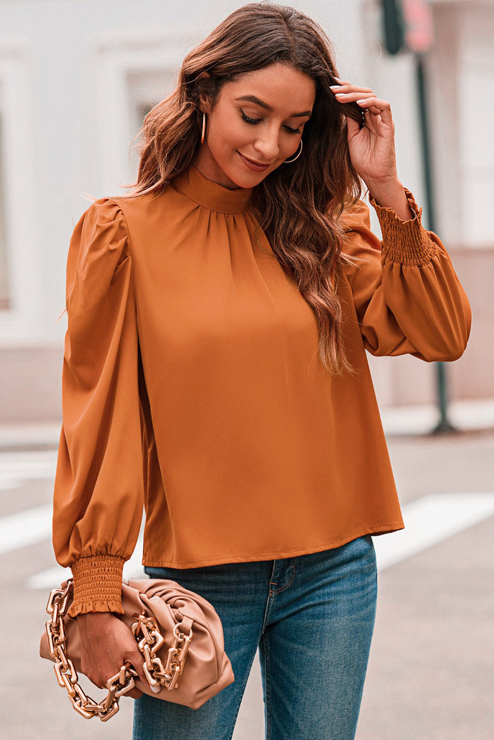 Orange Long Bubble Sleeve Mock Neck Chiffon Blouse