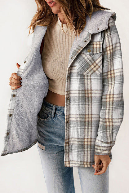 Gray Plaid Pattern Sherpa Lined Hooded Shacket