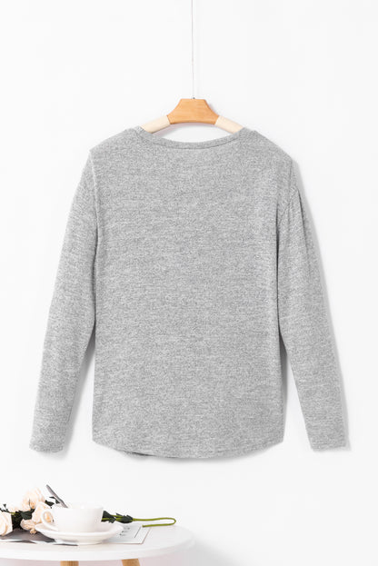 Gray Side Buttons Crew Neck Knit Top