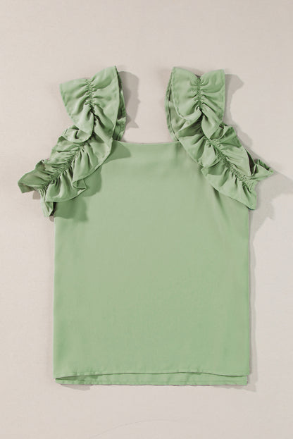 Smoke Green Solid Ruffle Trim Sleeveless Top