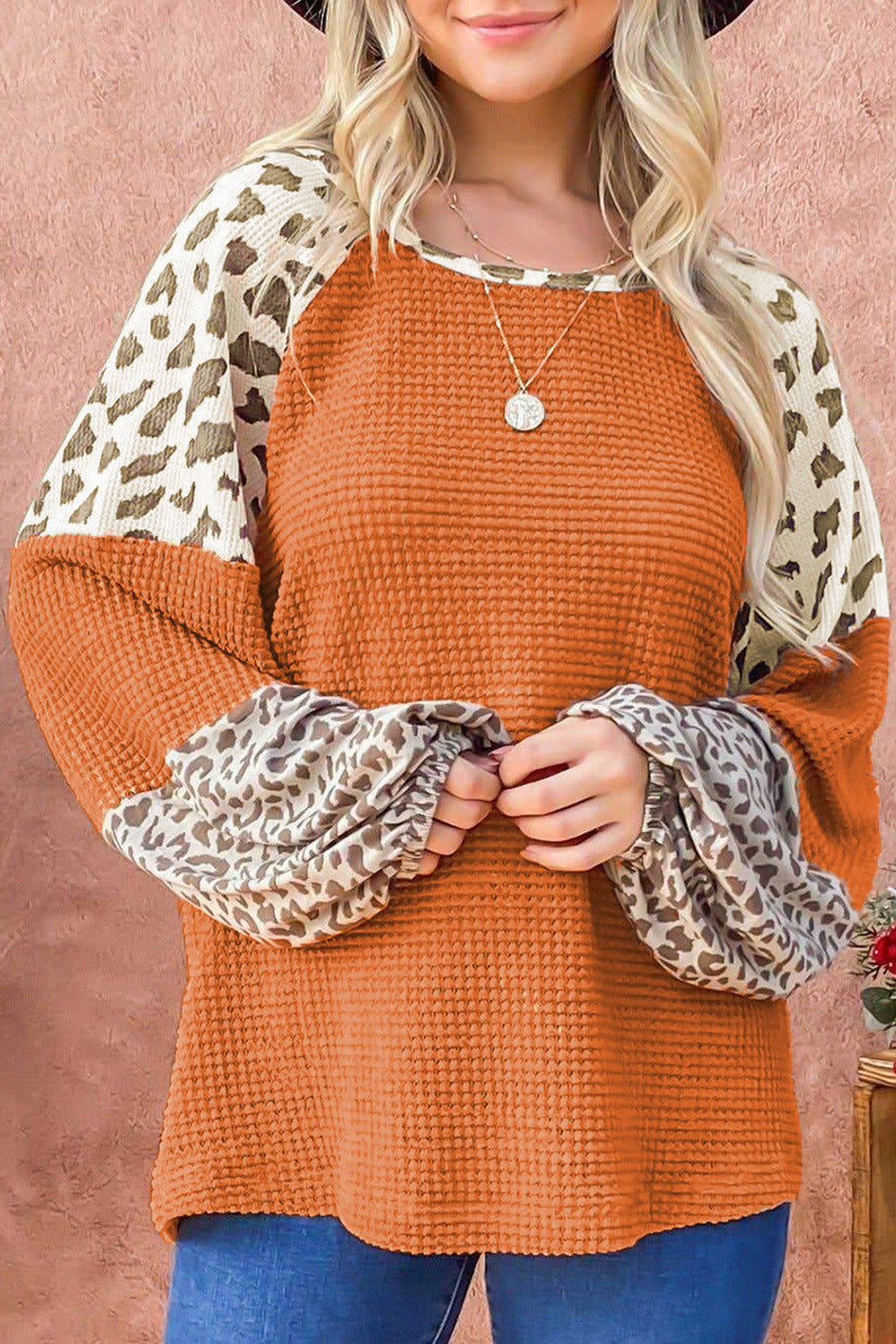 Orange Leopard Colorblock Waffle Knit Top