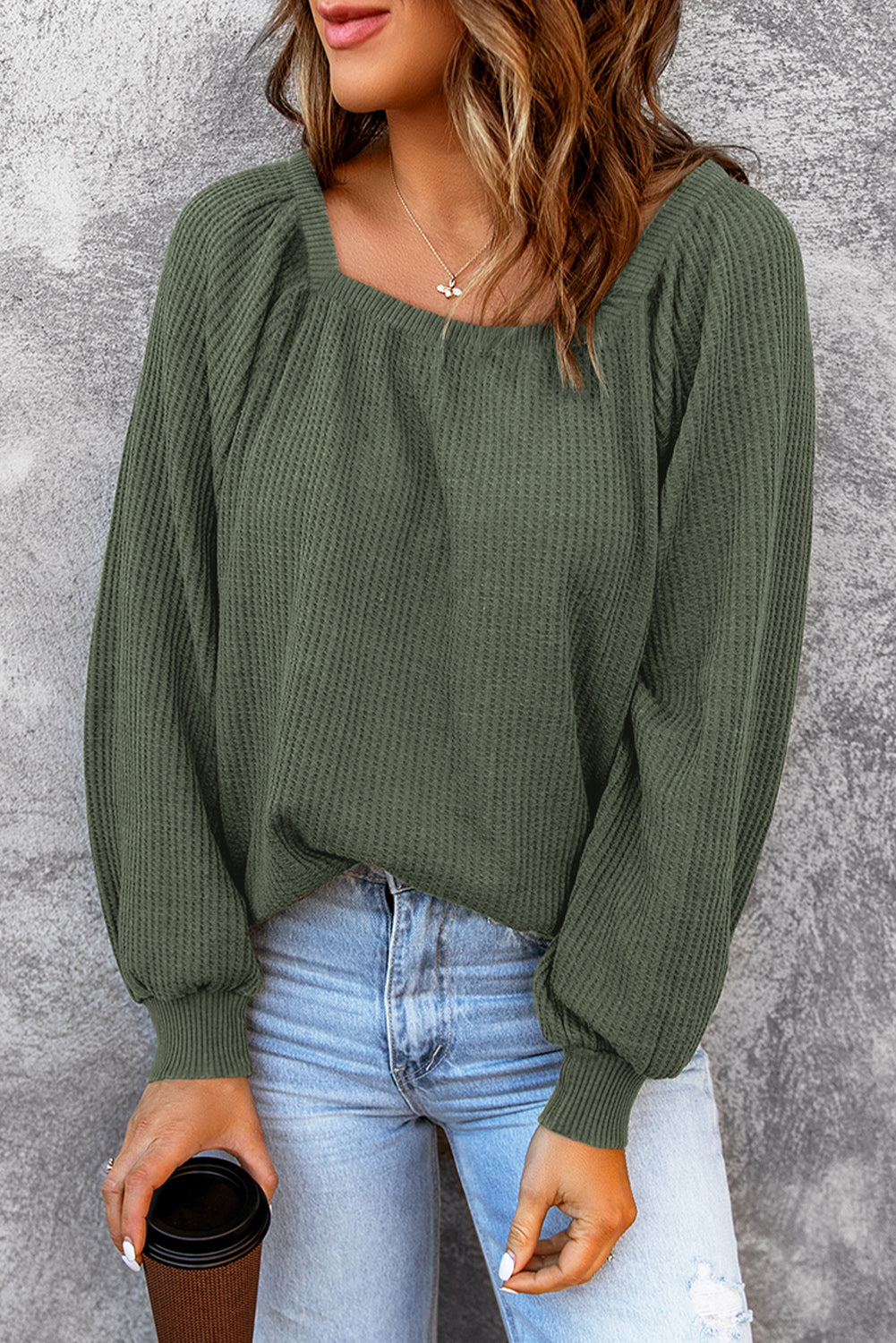 Green Scoop Neck Puff Sleeve Waffle Knit Top