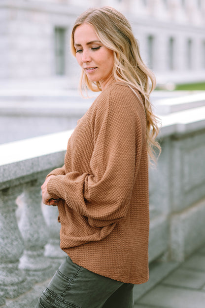 Brown V-Neck Drawstring Dolman Sleeve Waffle Knit Top