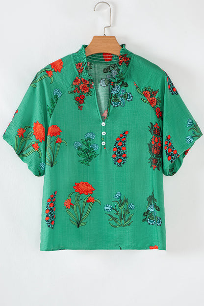 Bright Green Floral Print Buttoned V Neck Short Sleeve Blouse