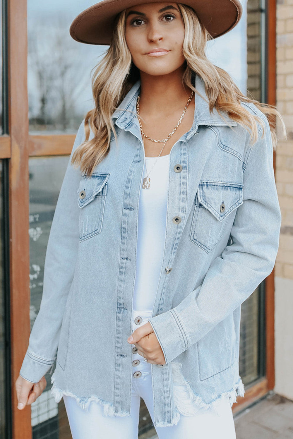 Sky Blue Flap Pocket Buttoned Raw Hem Denim Jacket