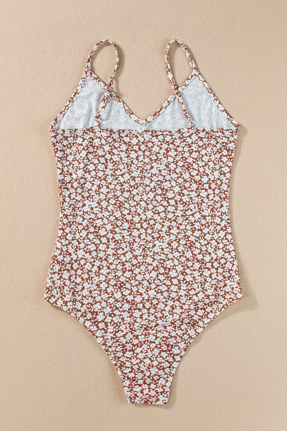 Chestnut Floral Print Spaghetti Strap V Neck Bodysuit