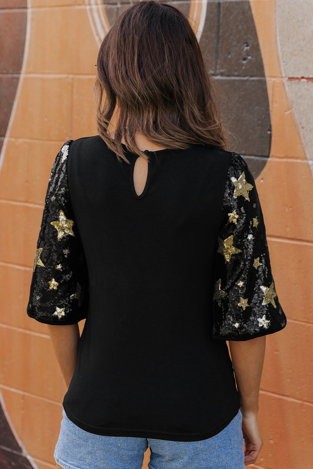 Black Star Sequin Splicing Half Sleeve Top