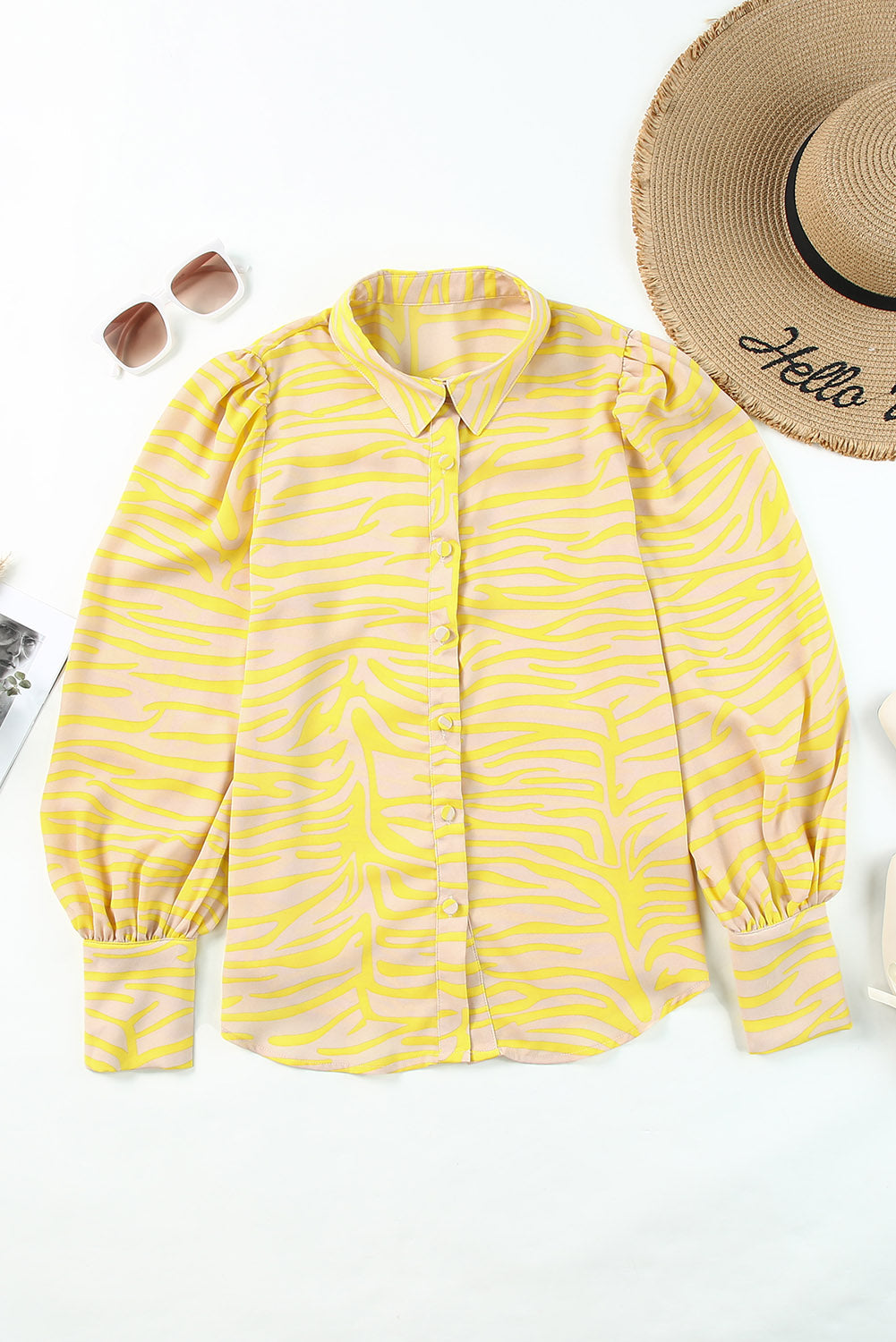 Yellow Zebra Stripes Print Lantern Sleeve Shirt