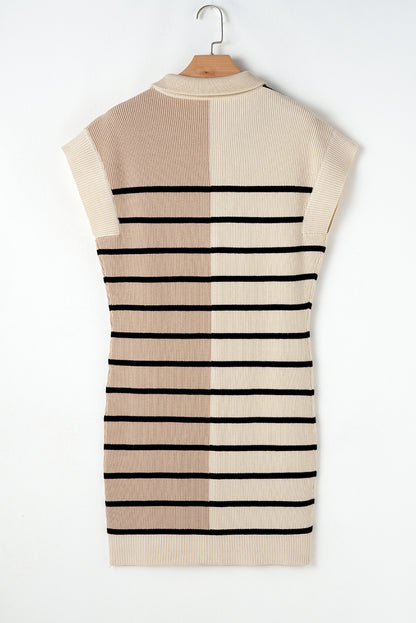 Khaki Stripe Color Block Quarter Zip Collar Short Sleeve Sweater Dress