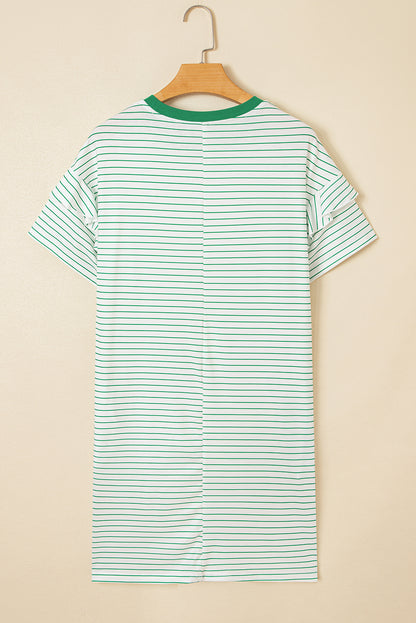 Green Stripe Ruffled Short Sleeve Crew Neck T Shirt Shift Mini Dress