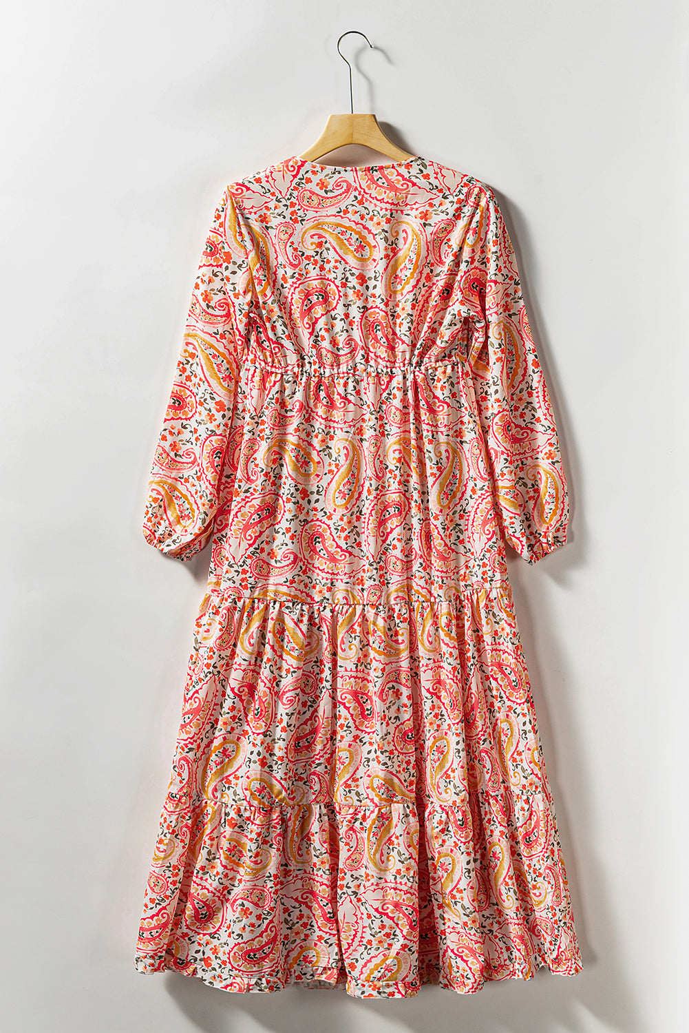 Orange Boho Holiday Paisley Print Tiered Long Sleeve Maxi Dress