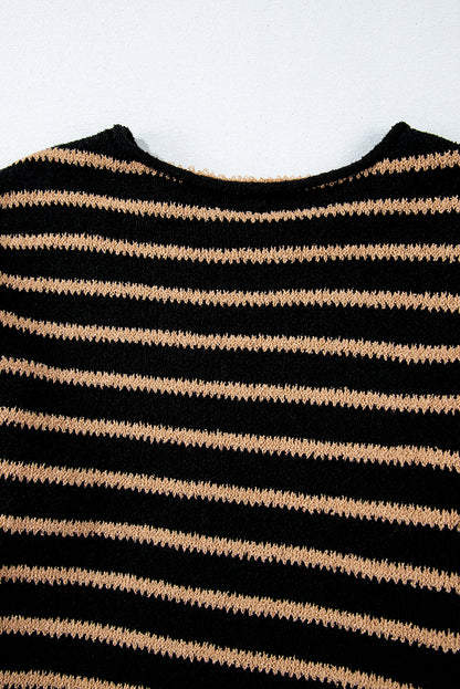 Black Stripe Drop Shoulder Round Neck Loose Sweater