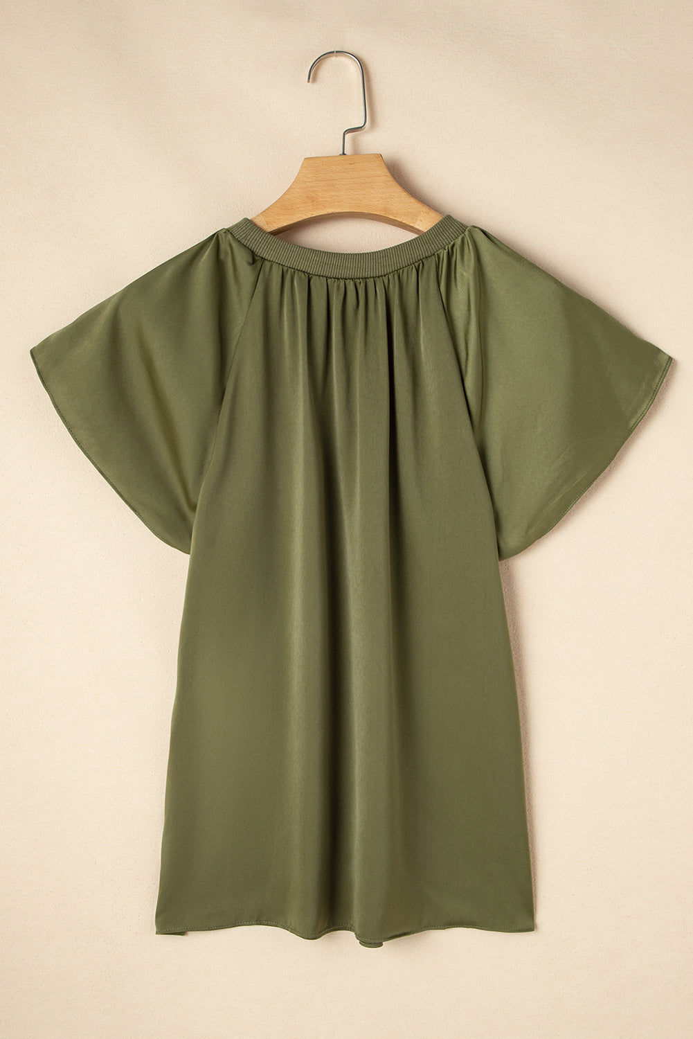 Jungle Green Pleated Flutter Sleeve Satin Top