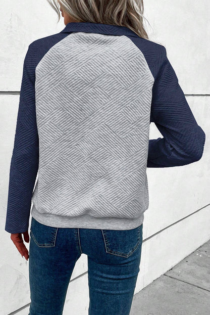 Gray Textured Contrast Splicing Raglan Sleeve Top