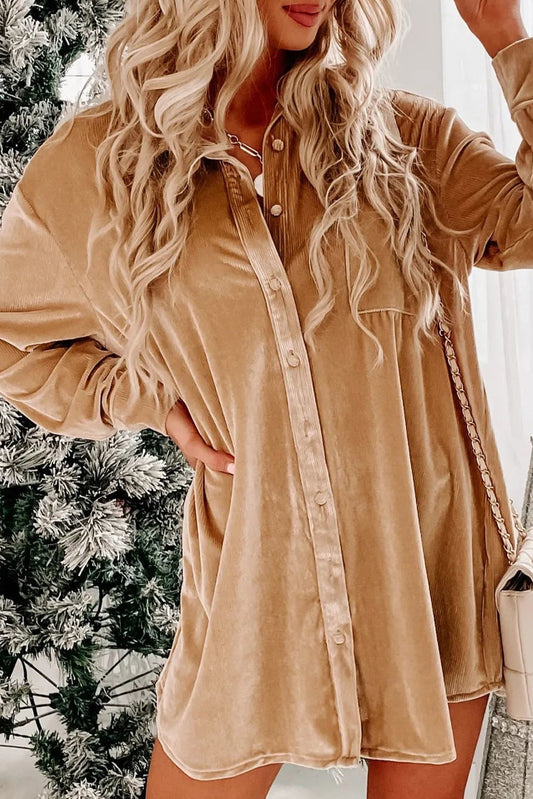 Light French Beige Velvet Button Front Shirt Mini Dress