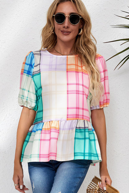 Multicolor Bold Plaid Color Block Puff Sleeve Peplum Top