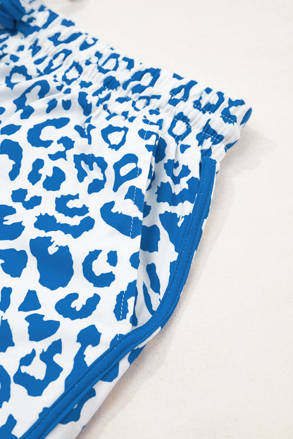 Blue Leopard Elastic Waist Lace up Contrast Trim Casual Shorts