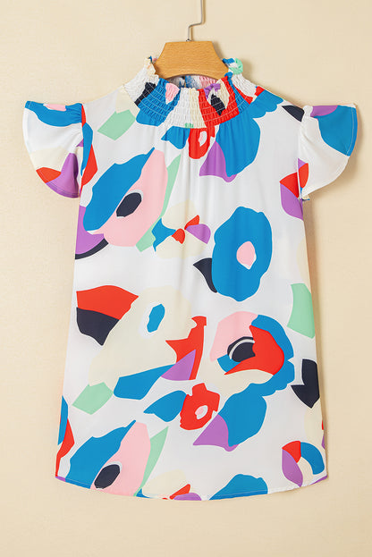 Multicolor Abstract Print Ruffle Sleeve Smocked Blouse