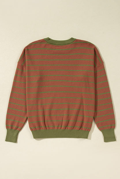 Brown Stripe Trimmed Round Neck Drop Shoulder Loose Sweater