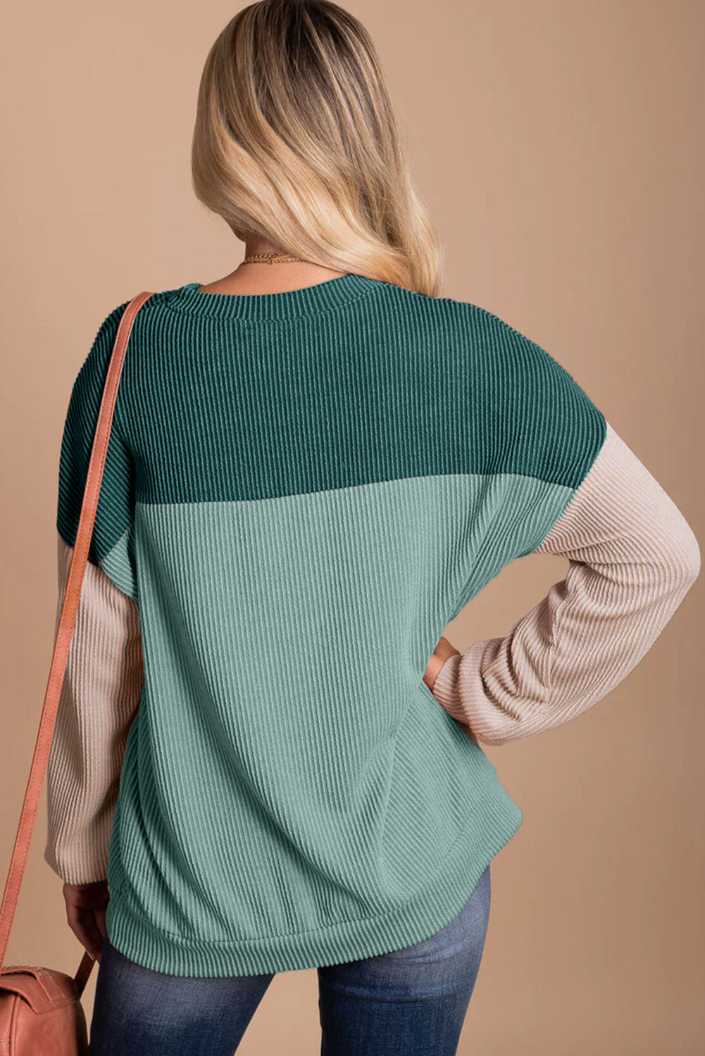 Green Color Block Long Sleeve Ribbed Loose Top